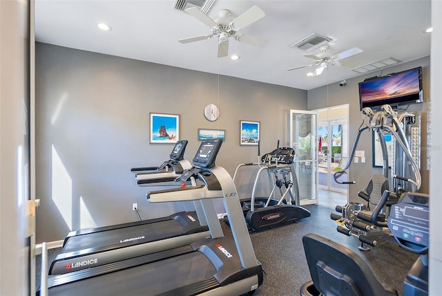 workout area featuring recessed lighting, visible vents, and ceiling fan