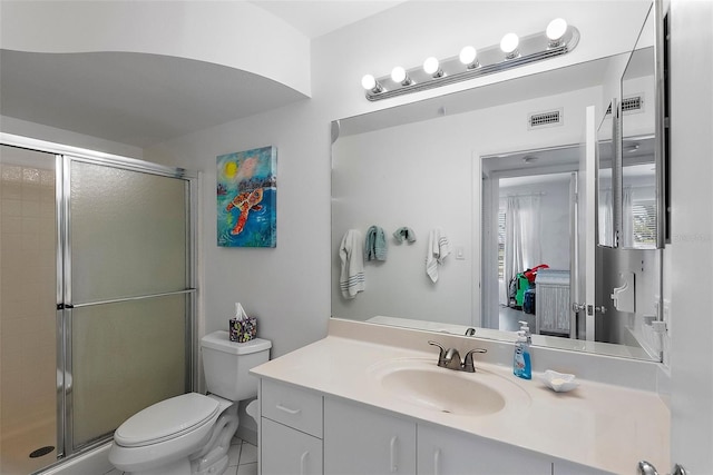 bathroom with visible vents, toilet, a shower stall, and vanity