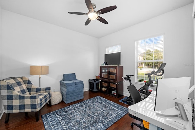 6157 Castleton Hollow Rd, Riverview, FL 33578 - office area featuring wood finished floors, a ceiling fan, and baseboards