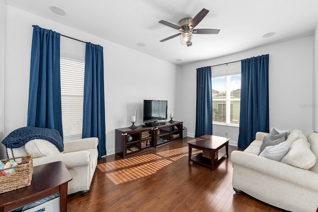 6157 Castleton Hollow Rd, Riverview, FL 33578 - living room with wood finished floors, ceiling fan, and baseboards