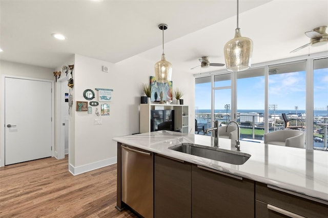 kitchen with dark brown cabinetry, wood finished floors, a sink, a ceiling fan, and stainless steel dishwasher