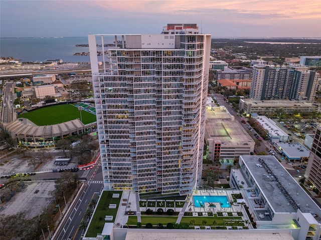 bird's eye view with a water view and a city view