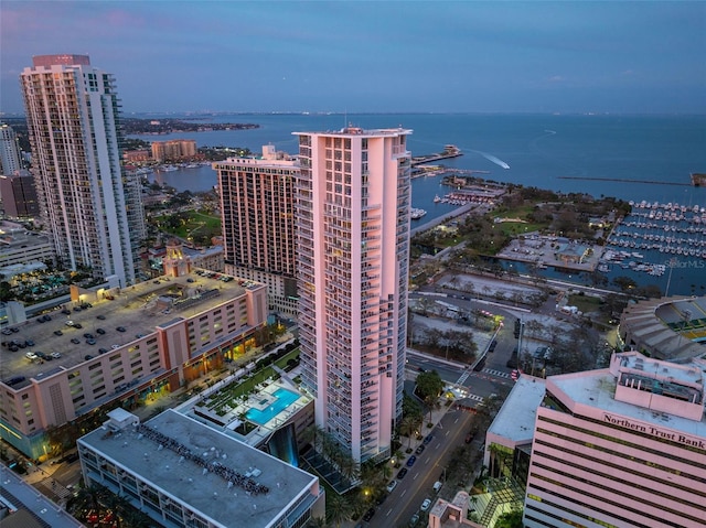 bird's eye view with a water view and a city view