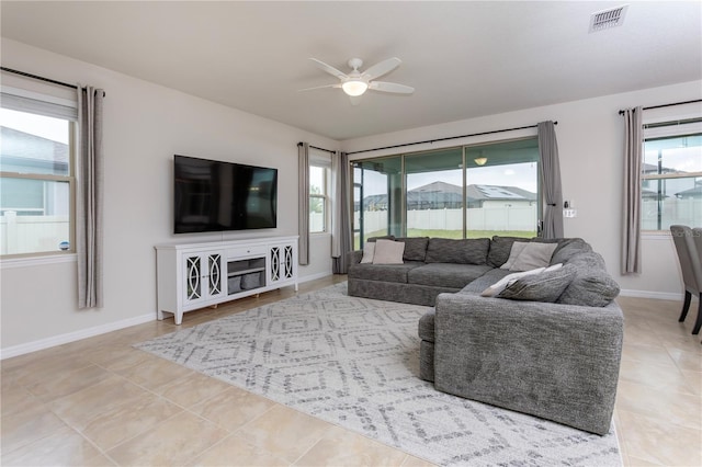 living room featuring a ceiling fan, a healthy amount of sunlight, visible vents, and baseboards