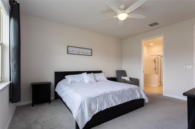 bedroom with baseboards, visible vents, a ceiling fan, and light colored carpet