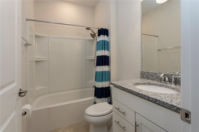 full bath with toilet, tile patterned flooring, shower / bath combination with curtain, and vanity