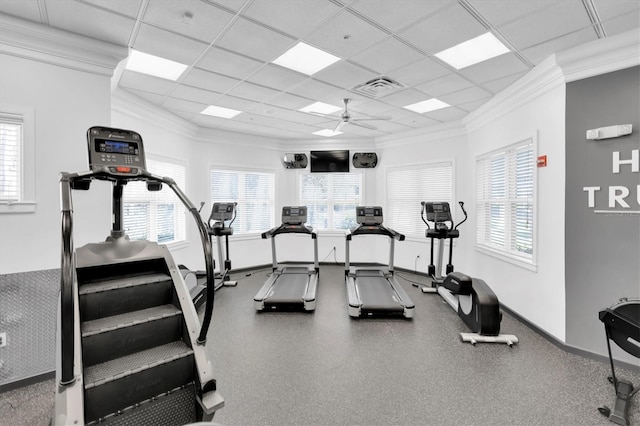 exercise room with a drop ceiling, a ceiling fan, baseboards, visible vents, and crown molding