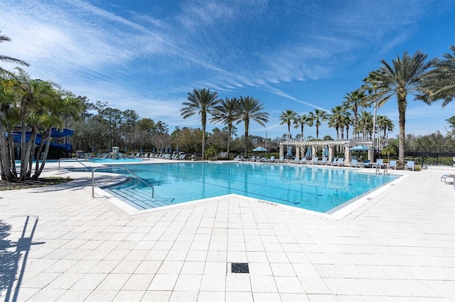 community pool with a patio area