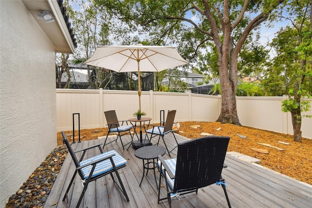 wooden terrace featuring a fenced backyard