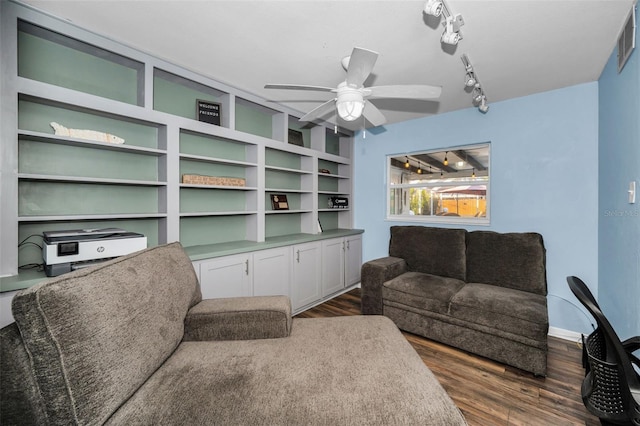 living room with visible vents, dark wood finished floors, a ceiling fan, and track lighting