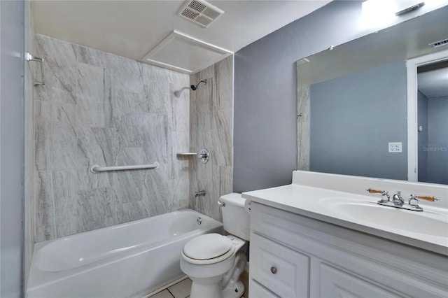 bathroom with  shower combination, visible vents, toilet, and vanity