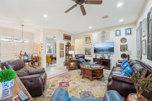 living room with ceiling fan, light tile patterned flooring, visible vents, and recessed lighting