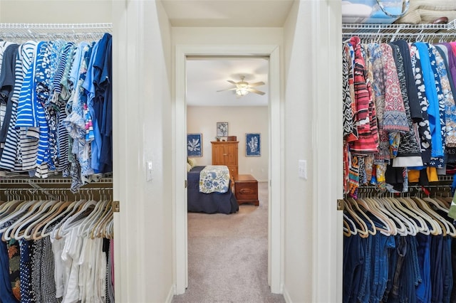 spacious closet with carpet floors and a ceiling fan