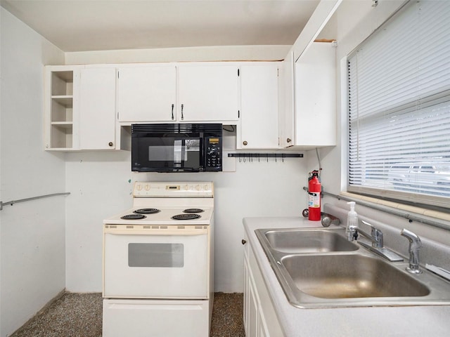 kitchen with black microwave, a sink, white cabinets, open shelves, and white electric range oven