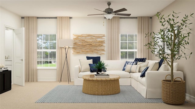 living area featuring ceiling fan and carpet flooring