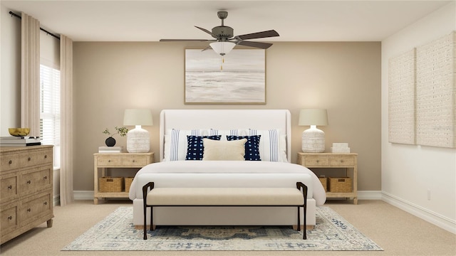 bedroom with light carpet, ceiling fan, and baseboards