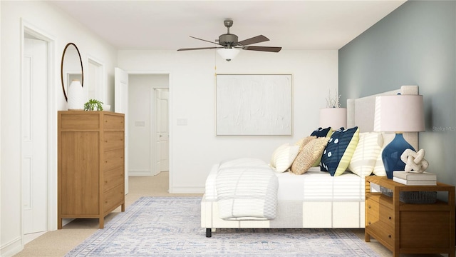 bedroom with light carpet, ceiling fan, and baseboards