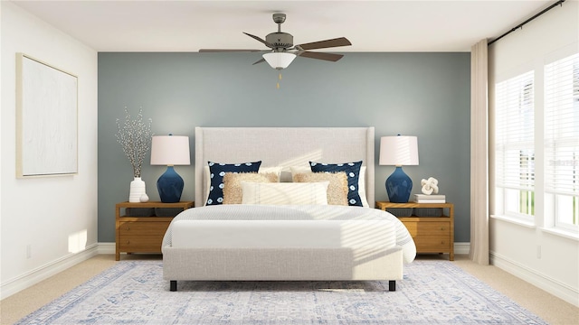 bedroom with ceiling fan, baseboards, and light colored carpet