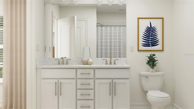 full bathroom with double vanity, a sink, toilet, and a shower with curtain