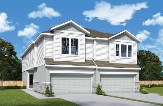 view of front of home featuring a garage, stone siding, driveway, and fence