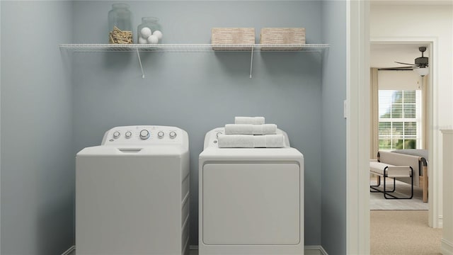 laundry room featuring a ceiling fan, laundry area, carpet flooring, and separate washer and dryer