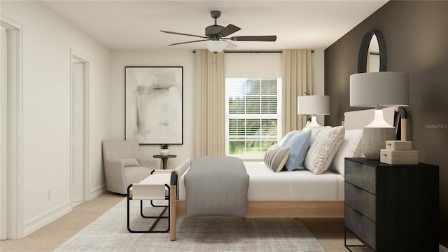 bedroom with ceiling fan, baseboards, and light colored carpet