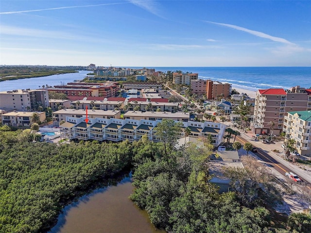 aerial view featuring a water view