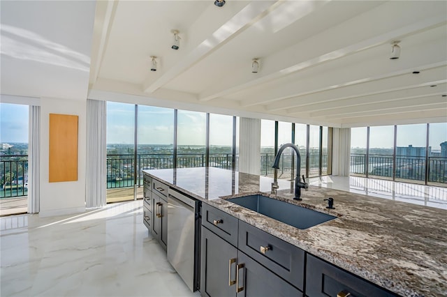 kitchen featuring light stone counters, a city view, a sink, plenty of natural light, and dishwasher