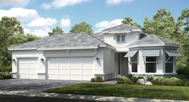 view of front of house featuring a garage, a front lawn, decorative driveway, and stucco siding