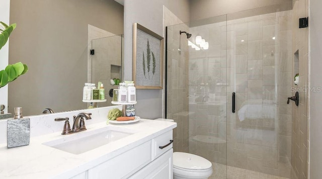 full bathroom featuring a shower stall, vanity, and toilet