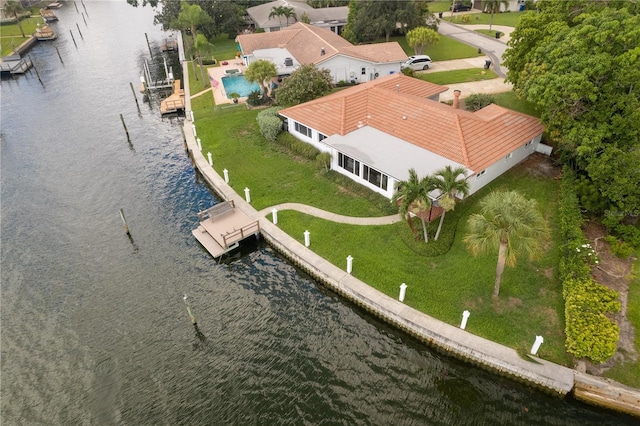 drone / aerial view featuring a water view