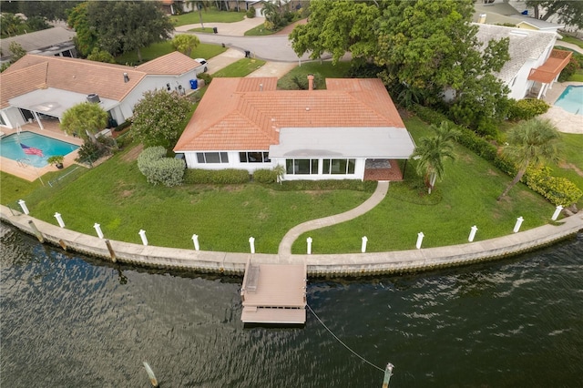 aerial view featuring a water view