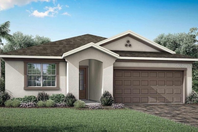 single story home featuring stucco siding, a shingled roof, a front yard, a garage, and driveway