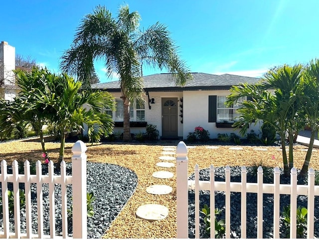 ranch-style home featuring a fenced front yard and roof with shingles