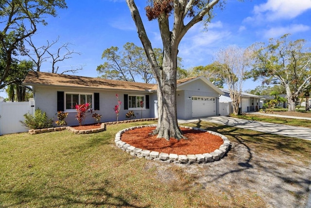 single story home featuring stucco siding, concrete driveway, a front yard, fence, and a garage