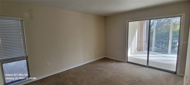 unfurnished room featuring baseboards, a textured ceiling, and light colored carpet