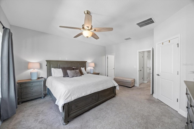 bedroom with light carpet, baseboards, visible vents, and ceiling fan