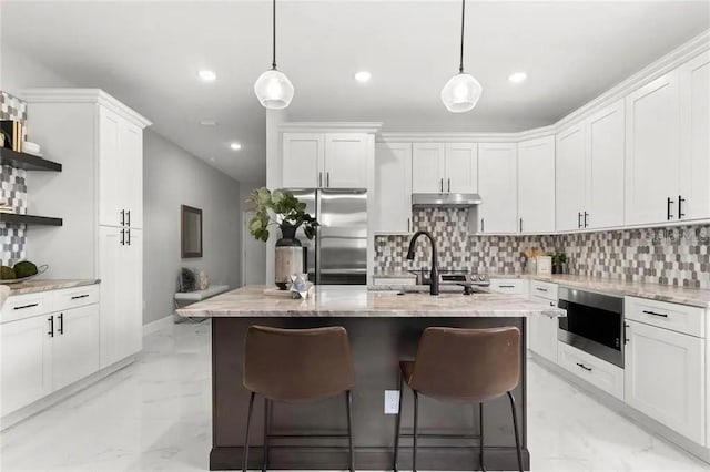 kitchen with marble finish floor, appliances with stainless steel finishes, open shelves, and a sink