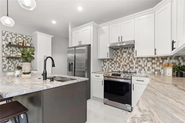 kitchen featuring light stone countertops, marble finish floor, stainless steel appliances, under cabinet range hood, and a sink