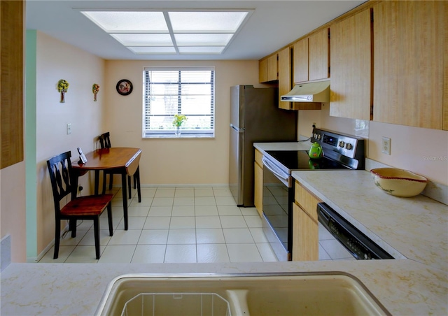 kitchen with light tile patterned floors, dishwasher, stainless steel electric stove, light countertops, and under cabinet range hood