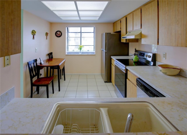 kitchen with under cabinet range hood, light countertops, white dishwasher, and electric range