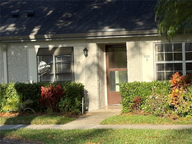 860 Glen More Ct Unit B, Palm Harbor, FL 34684 - doorway to property featuring roof with shingles and stucco siding