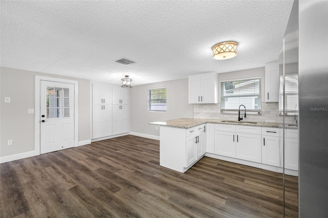 kitchen featuring visible vents, white cabinets, a sink, and a peninsula