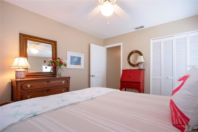 bedroom featuring visible vents, a closet, and ceiling fan