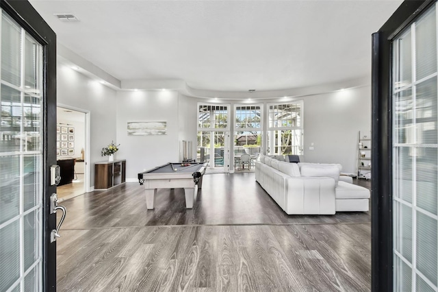 rec room with visible vents, baseboards, wood finished floors, and billiards