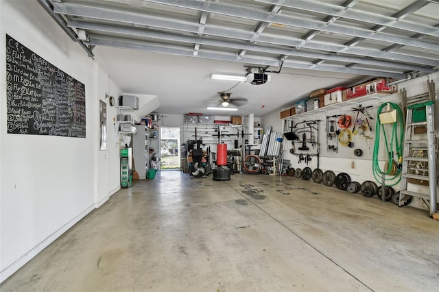 garage featuring a garage door opener and ceiling fan