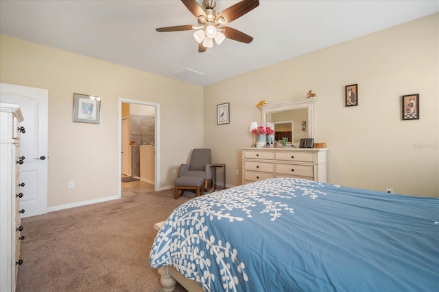 bedroom with light carpet, ceiling fan, and baseboards