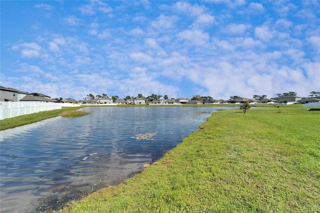 property view of water featuring a residential view and fence