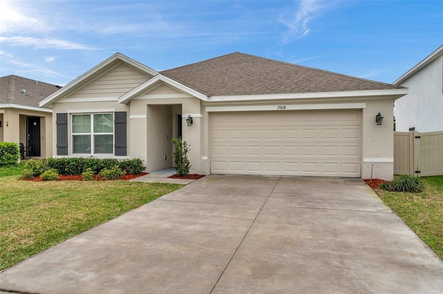 ranch-style home featuring stucco siding, a shingled roof, concrete driveway, a front yard, and a garage