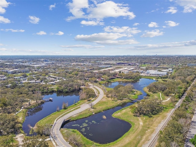 drone / aerial view with a water view